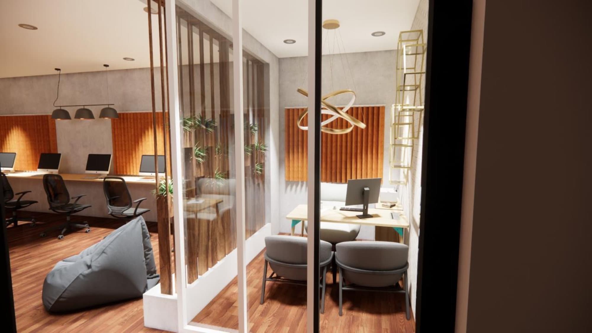Glazed meeting room with brass pendant lighting and acoustic timber battens