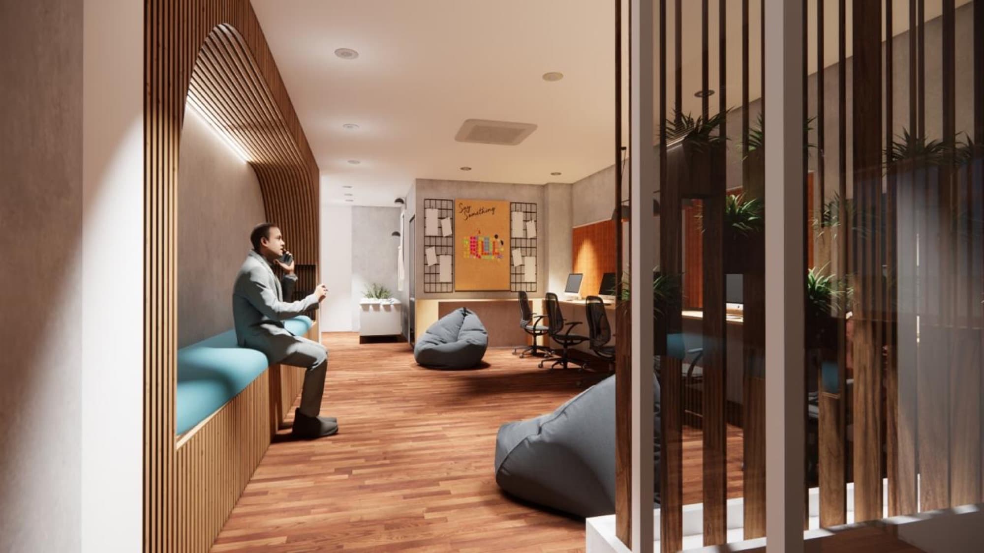 Reception area of the studio workspace design with a timber-slat ceiling and concealed cove lighting