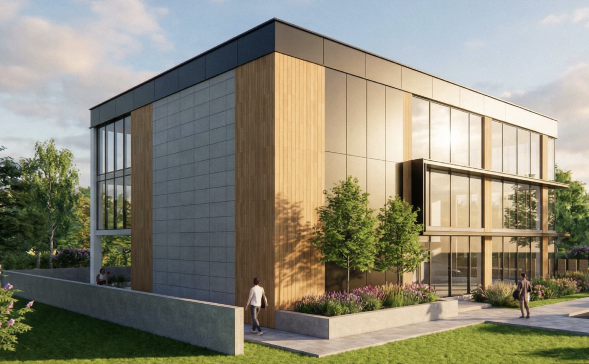 Corner view of the office building showing the dark standing-seam cladding and vertical timber fins