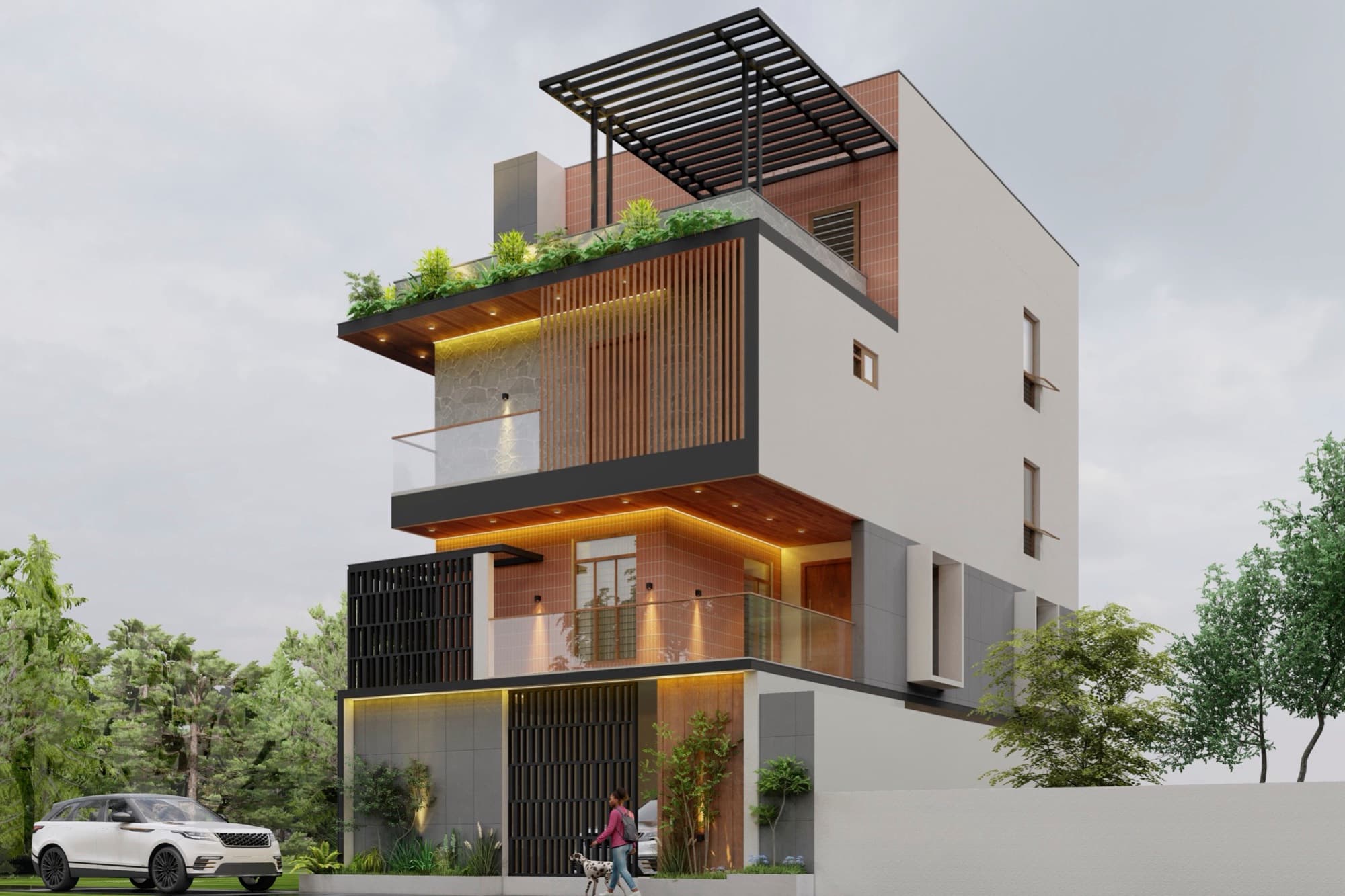 Street elevation of the villa showing layered screens: timber slats, dark metal grilles and natural stone