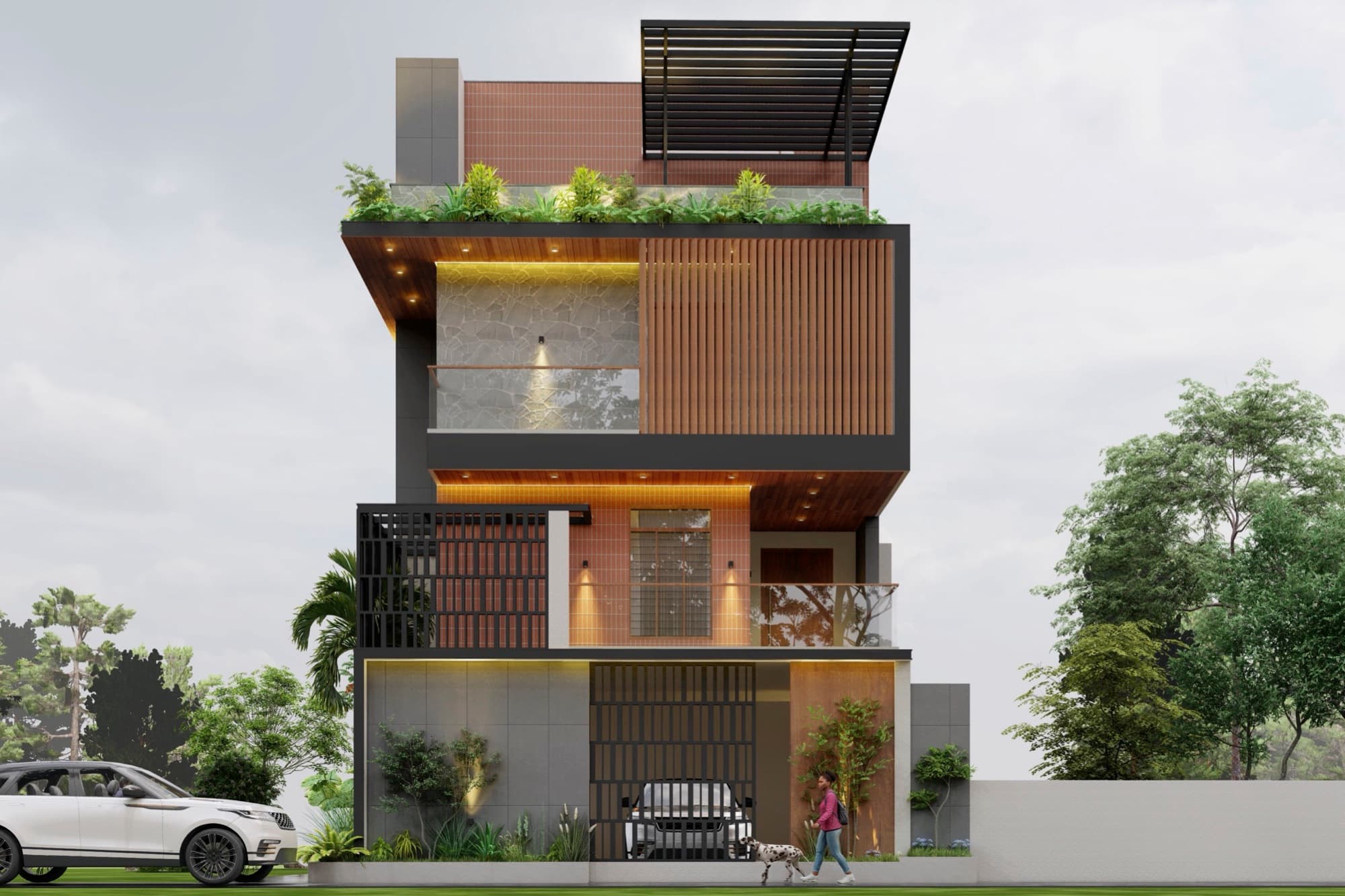 Three-quarter view of the villa with its roof pergola and cantilevered planters above the gate