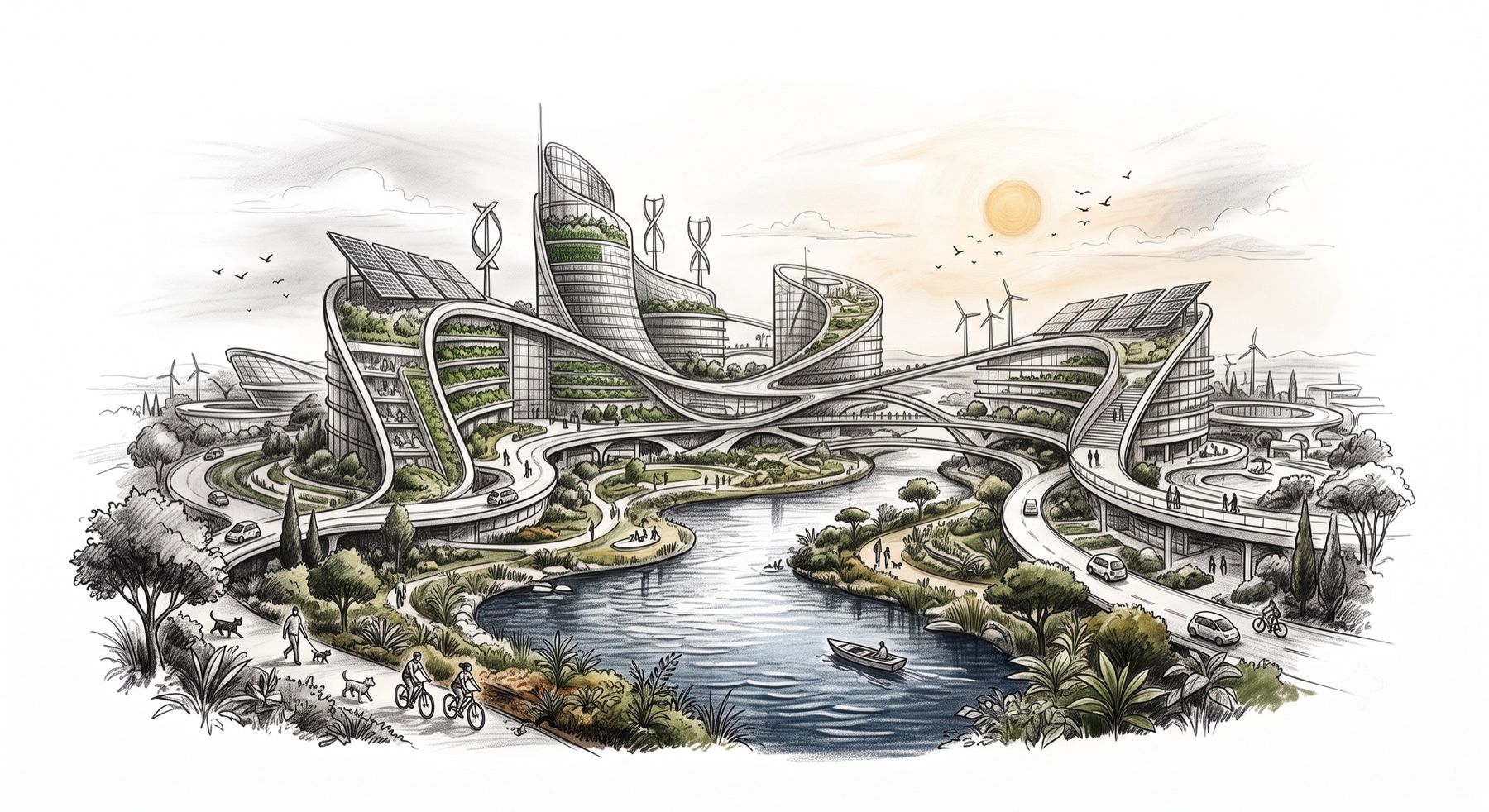 A hand-drawn illustration of a city: terraced buildings under solar arrays and wind turbines, a river threading through planted terraces