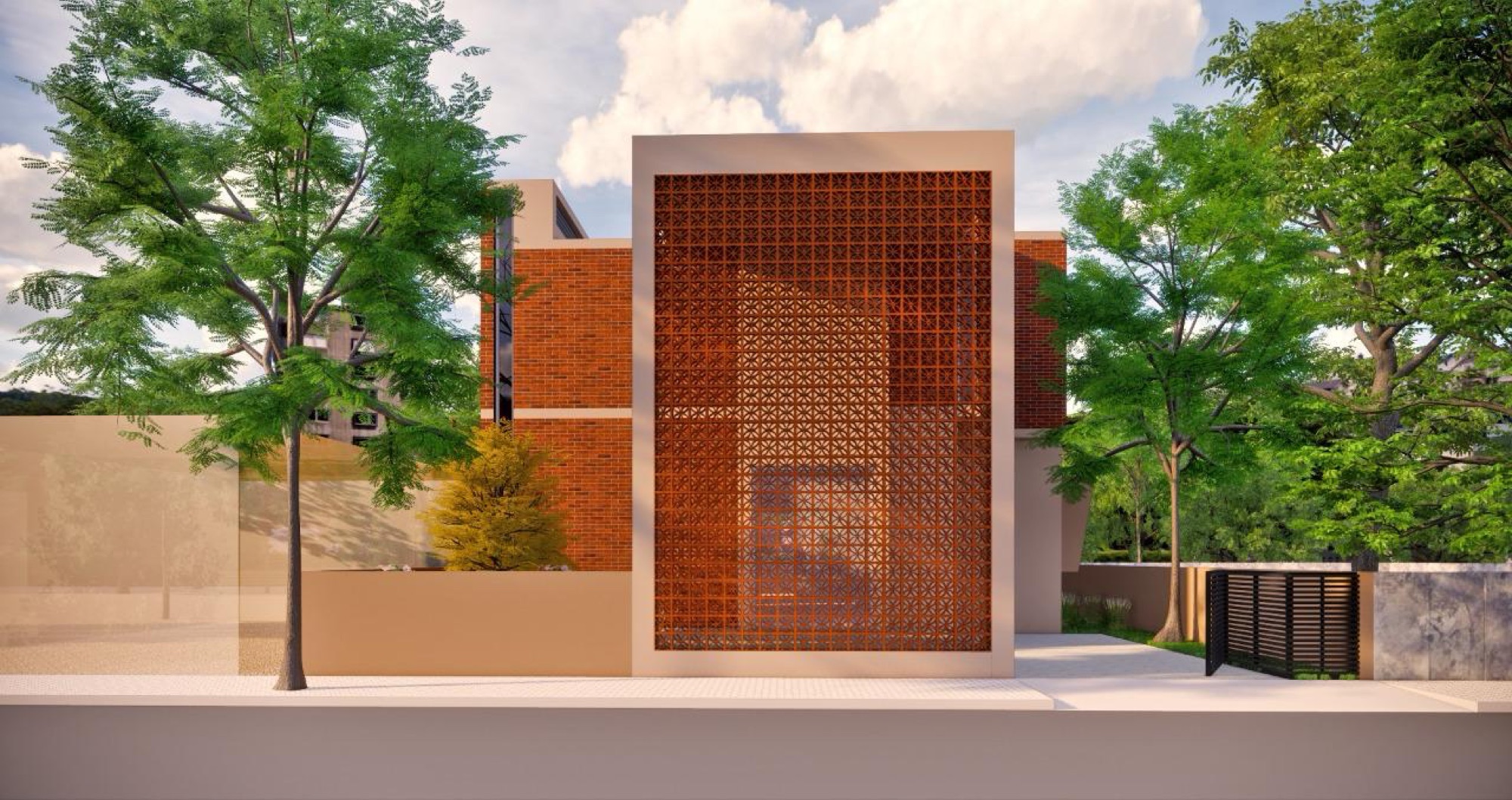 Government Panchayat Building — open governance behind a terracotta jaali