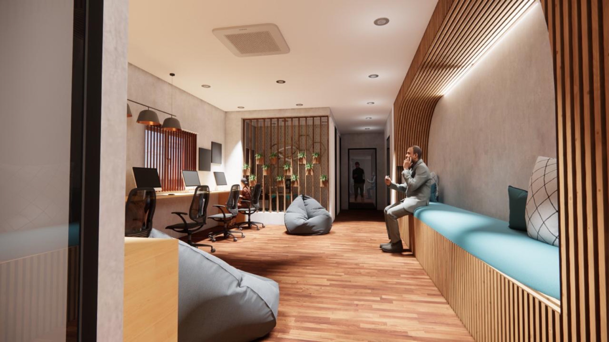 Studio Workspace Fit-out — an office interior in timber ribs and quiet color